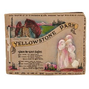 Yellowstone Park Fold-out Photo Book Map & Postcards Travel Souvenir 26 images